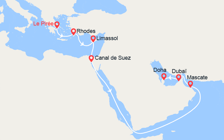Carte itinéraire croisière Grand Voyage : de Grèce aux Émirats arabes unis
