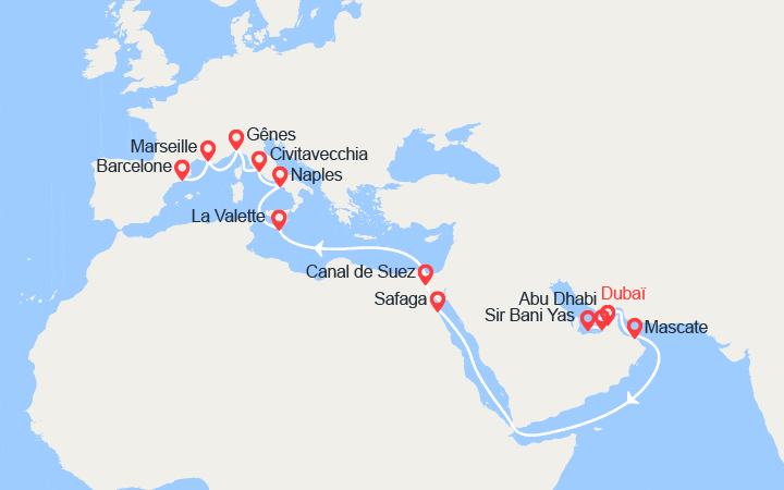 Carte itinéraire croisière Grand Voyage : Émirats arabes unis, Oman, Égypte, Malte, Italie, Provence, Espagne