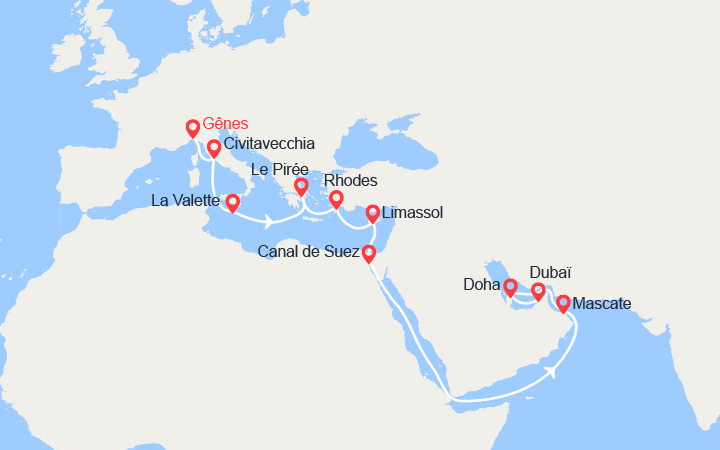 Carte itinéraire croisière Grand Voyage : Espagne, Italie, Malte, îles Grecques, Chypre, Émirats arabes unis
