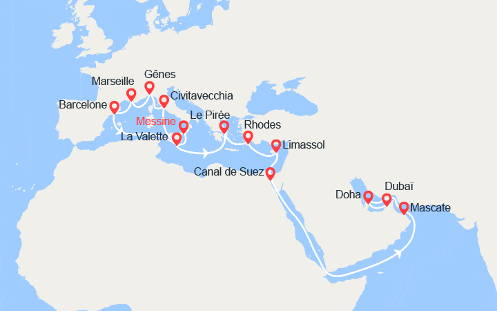 Carte itinéraire croisière Grand Voyage : Malte, Espagne, Provence, Italie, îles Grecques, Chypre, Émirats arabes unis...