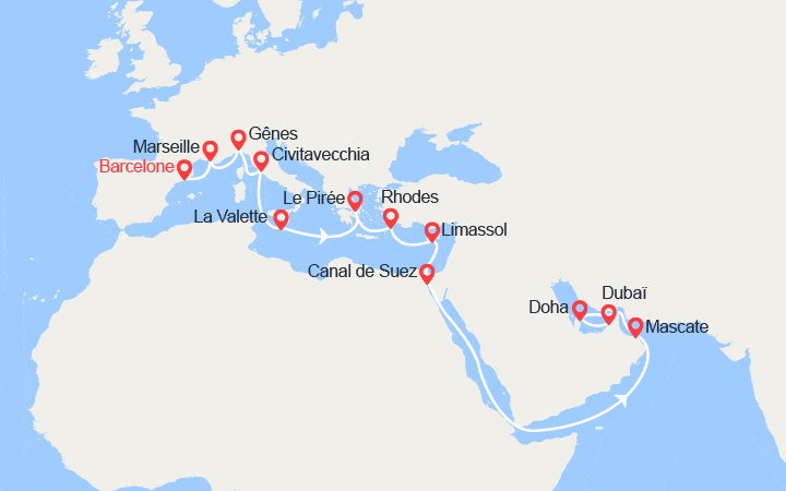 Carte itinéraire croisière Grand Voyage : Provence, Italie, Malte, îles Grecques, Chypre, Oman, Qatar, Émirats arabes unis