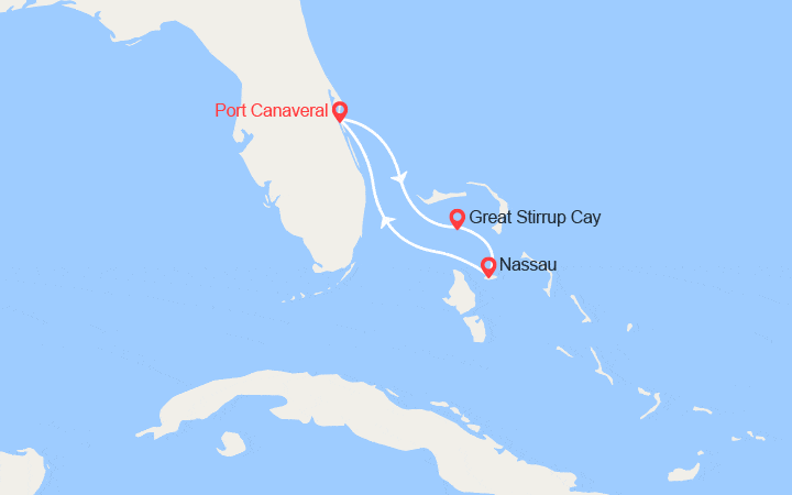 Carte itinéraire croisière Great Stirrup Cay et les Bahamas au départ de Port Canaveral
