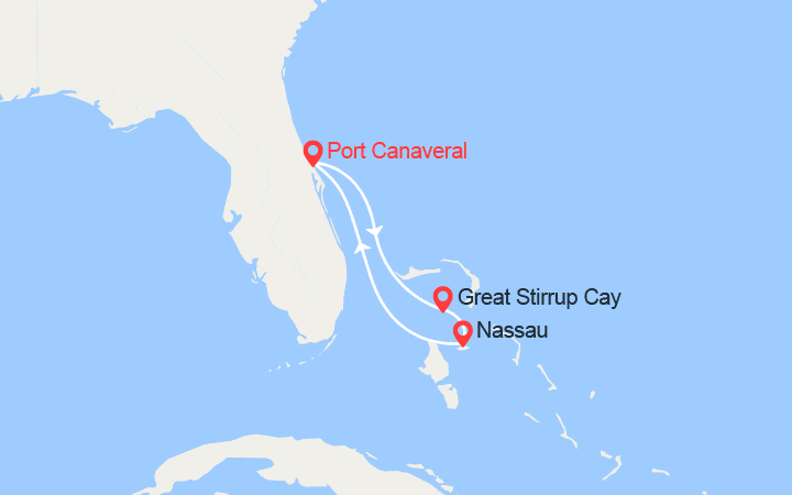 Carte itinéraire croisière Great Stirrup Cay et Nassau au départ de Port Canaveral