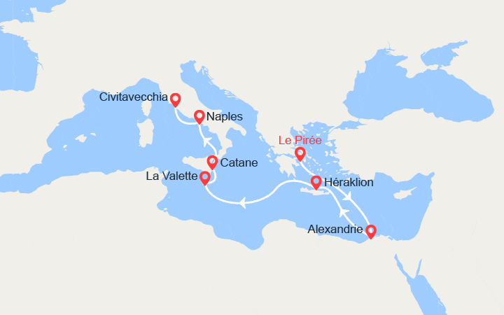 Carte itinéraire croisière Grèce, Egypte, Malte, Italie