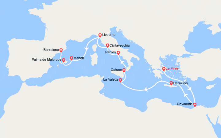 Carte itinéraire croisière Grèce, Egypte, Malte, Italie, Espagne