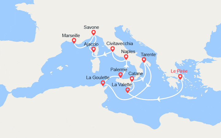 Carte itinéraire croisière Grèce, Italie, Tunisie, Corse