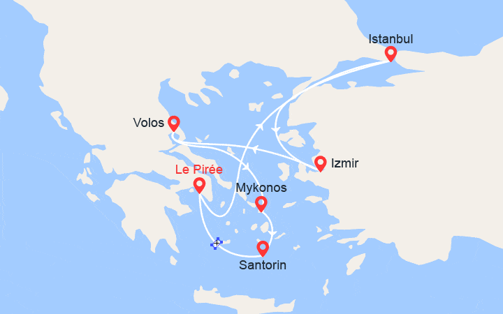 Carte itinéraire croisière Grèce, Turquie : Istanbul, Izmir, Volos, Mykonos, Santorin