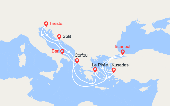 Carte itinéraire croisière Grèce, Turquie, Italie, Croatie