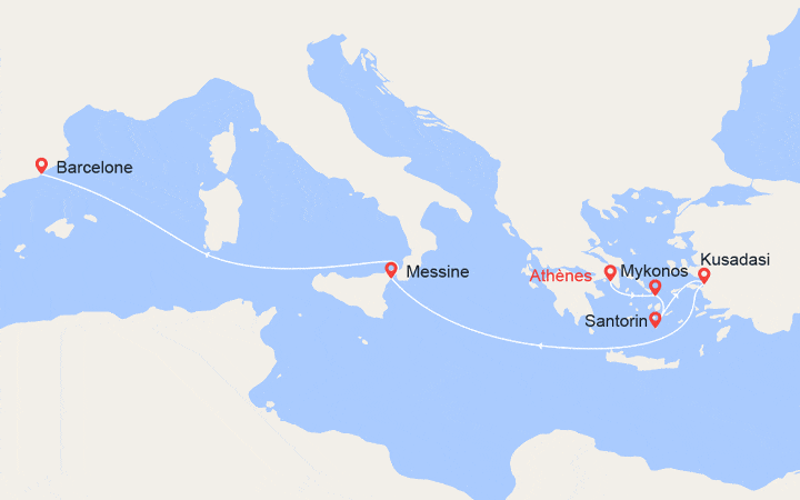 Carte itinéraire croisière Grèce, Turquie, Italie, Espagne