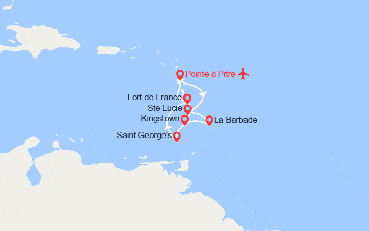 Carte itinéraire croisière Guadeloupe, Martinique, St Lucie, Barbade, St Vincent et les Grenadines, Grenade - Vols Inclus