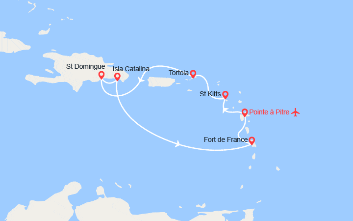 Carte itinéraire croisière Guadeloupe, St Kitts, Tortola, Rép. Dominicaine, Martinique | Vol inclus