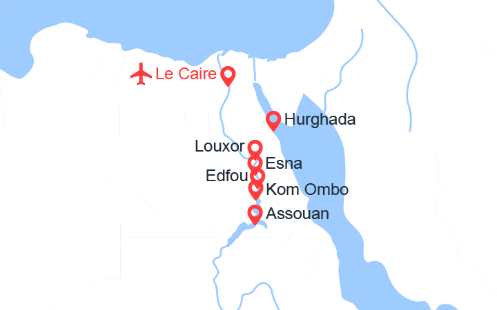 Carte itinéraire croisière Hathor (Caire + croisière + 4 nuits Hurghada )