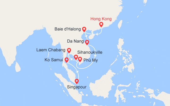 Carte itinéraire croisière Hong Kong, Vietnam, Cambodge, Thaïlande, Singapour