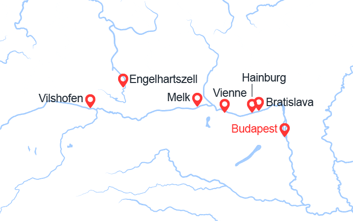 Carte itinéraire croisière Hongrie, Slovaquie, Autriche, Allemagne