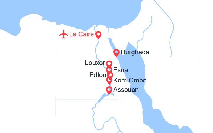 Carte itinéraire croisière Horus (Caire 4* + croisière 5* + 4 nuits Hurghada 4* )