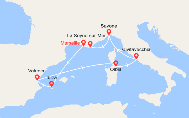 Carte itinéraire croisière Ibiza, Espagne, Italie
