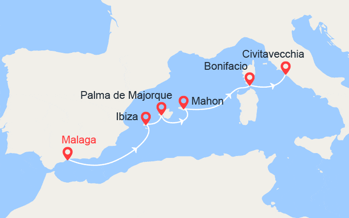 Carte itinéraire croisière Îles Baléares et Corse