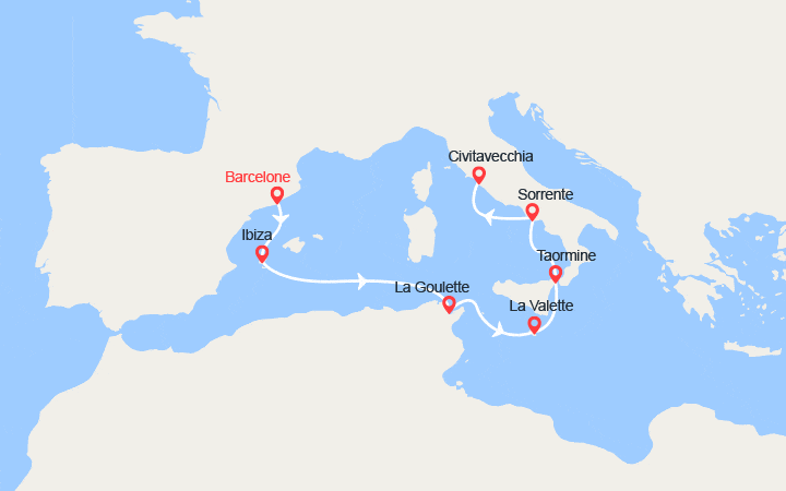 Carte itinéraire croisière Îles Baléares, Tunisie, Malte, Sicile, Italie