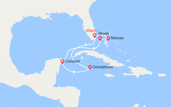 Carte itinéraire croisière Iles Caïman, Mexique, Bahamas