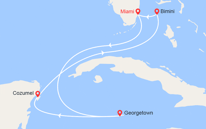 Carte itinéraire croisière Iles Caïman, Mexique, Bahamas