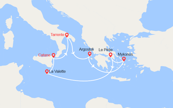 Carte itinéraire croisière Îles Grecques, Malte au départ de Tarente
