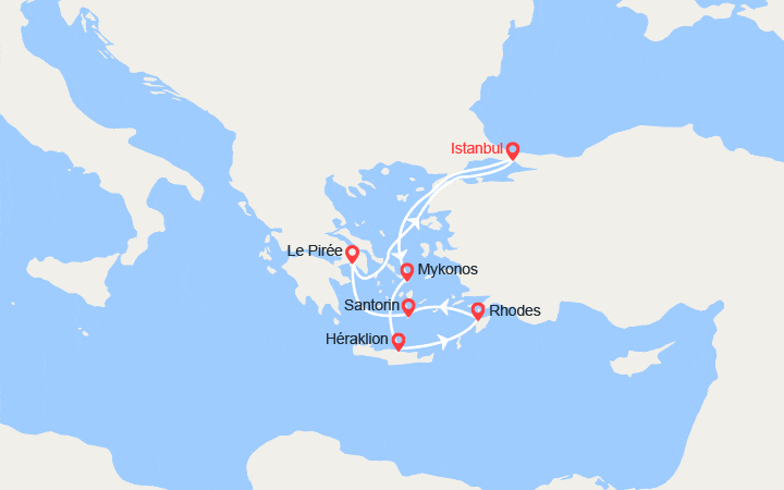 Carte itinéraire croisière Îles Grecques : Mykonos, Héraklion, Rhodes, Santorin