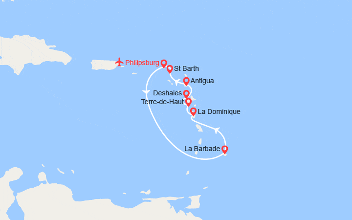 Carte itinéraire croisière Iles sous le Vent, Caraïbes et Antilles - Vols inclus