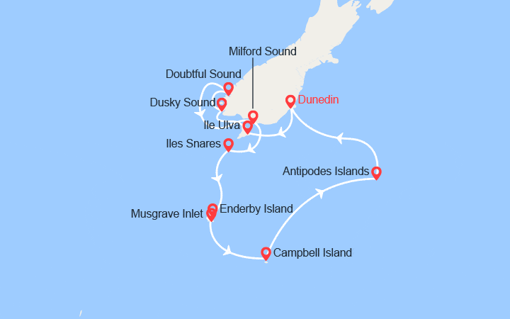 Carte itinéraire croisière Iles Subantarctiques de Nouvelle-Zélande