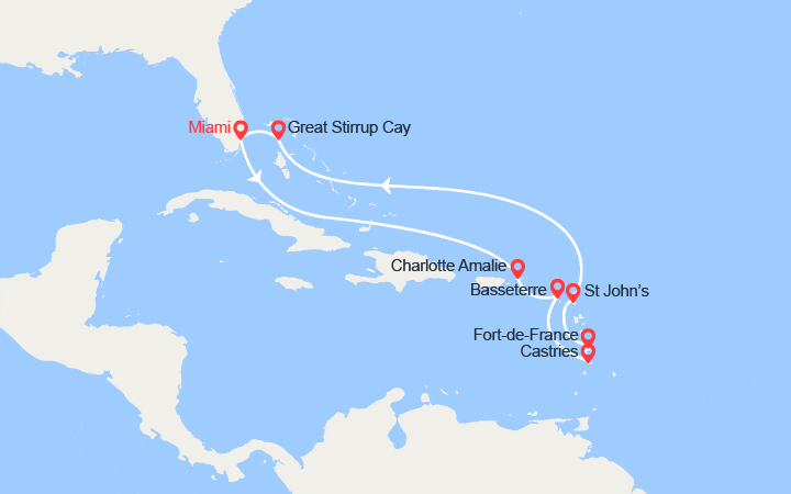 Carte itinéraire croisière Iles Vierges, Antilles, Bahamas