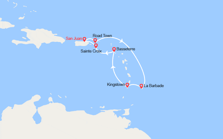 Carte itinéraire croisière Iles Vierges Britanniques, La Barbade, St Vincent et les Grenadines,St Kitts et Nevis, Iles Vierges Américaines