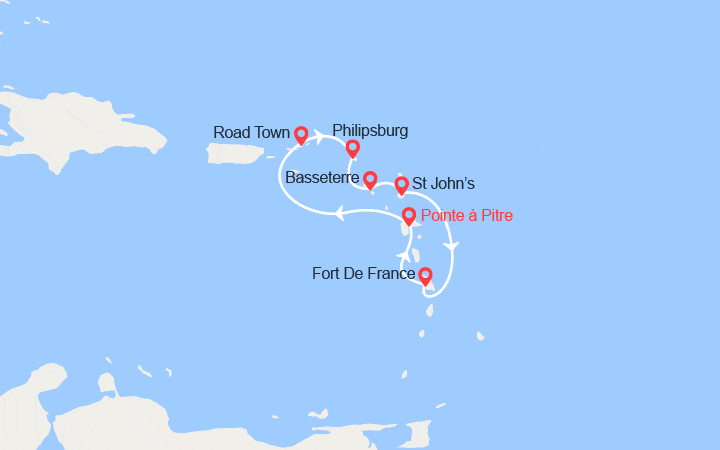 Carte itinéraire croisière Îles Vierges, St Martin, St Kitts, Antigua