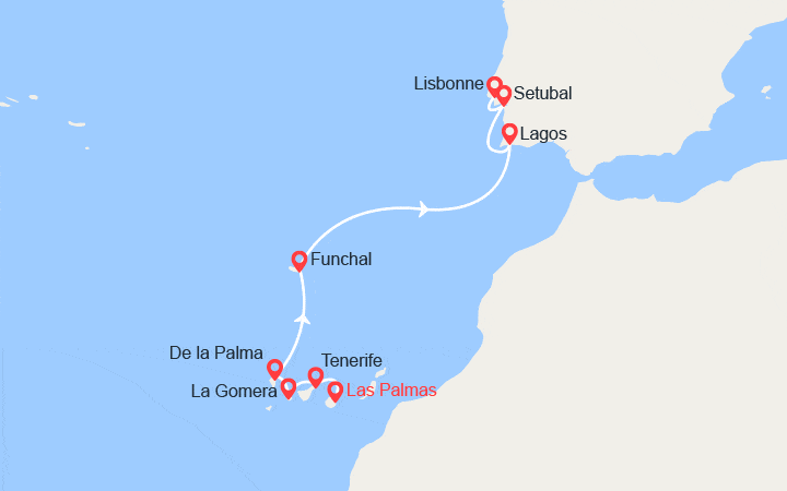 Carte itinéraire croisière Îles volcaniques et cités historiques de l' Atlantique Nord