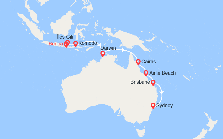 Carte itinéraire croisière Indonésie, Japon Australie