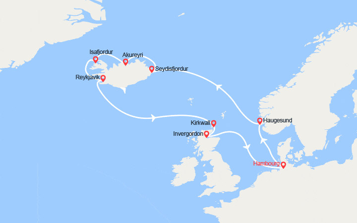 Carte itinéraire croisière Islande, Écosse