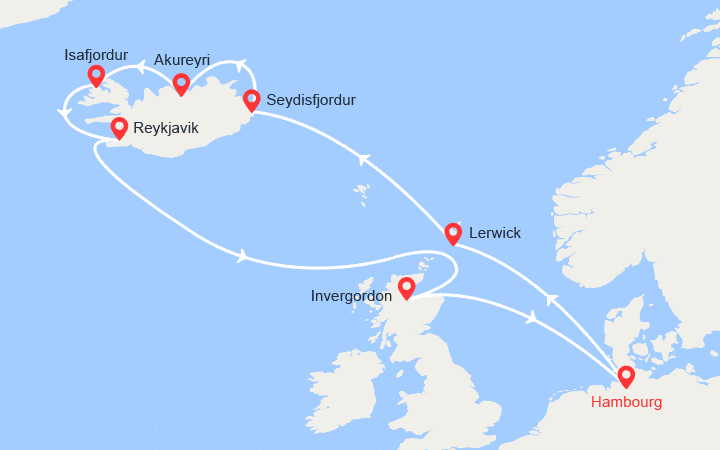 Carte itinéraire croisière Islande, Écosse, Allemagne