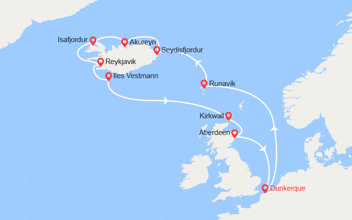 Carte itinéraire croisière Islande, terre de feu et de geysers