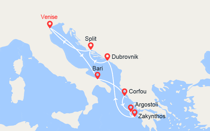 Carte itinéraire croisière Italie, Corfou, Zakynthos, Céphalonie, Croatie