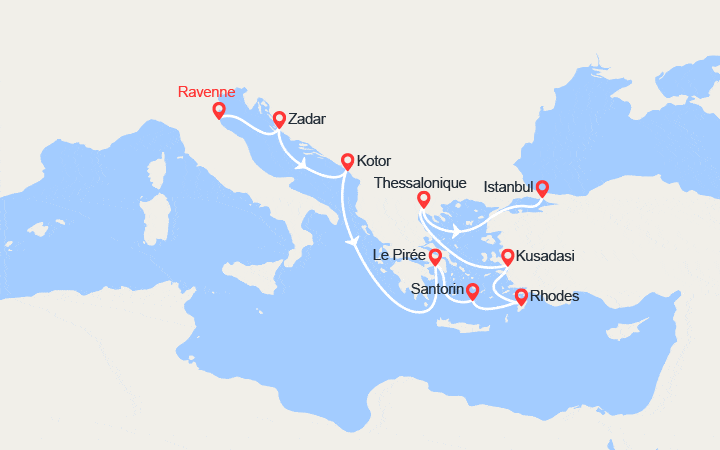 Carte itinéraire croisière Italie, Croatie, Monténégro, Grèce, Turquie