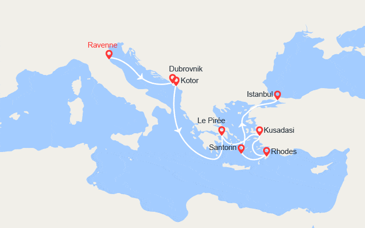 Carte itinéraire croisière Italie, Croatie, Monténégro, Grèce, Turquie