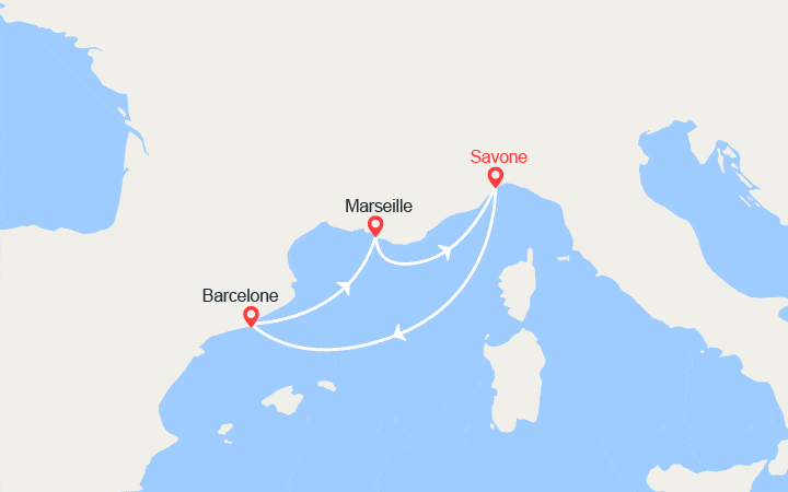 Carte itinéraire croisière Italie, Espagne, France