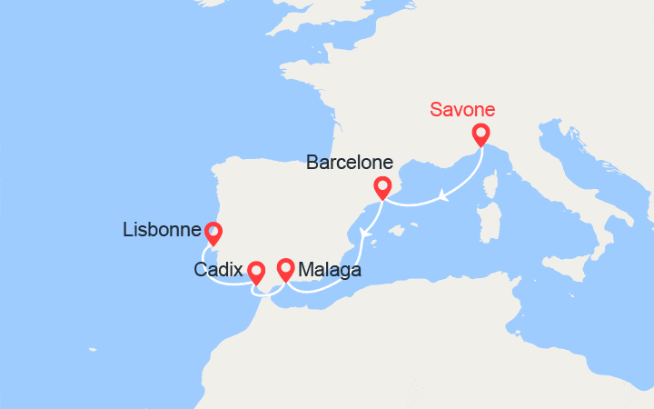 Carte itinéraire croisière Italie, Espagne, Portugal