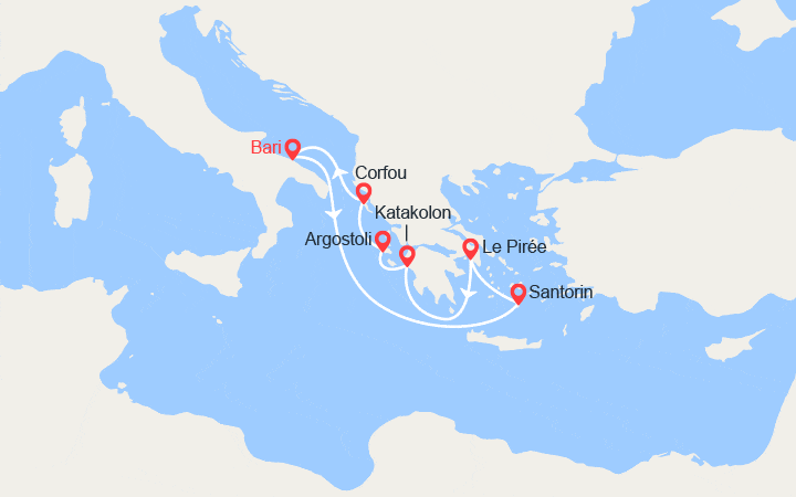 Carte itinéraire croisière Italie et îles Grecques