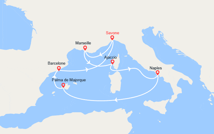 Carte itinéraire croisière Italie, France, Corse, Baléares, Espagne