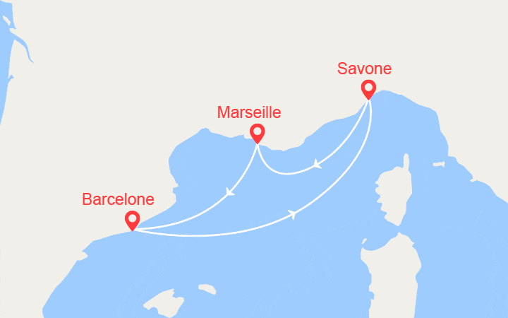 Carte itinéraire croisière Italie, France, Espagne