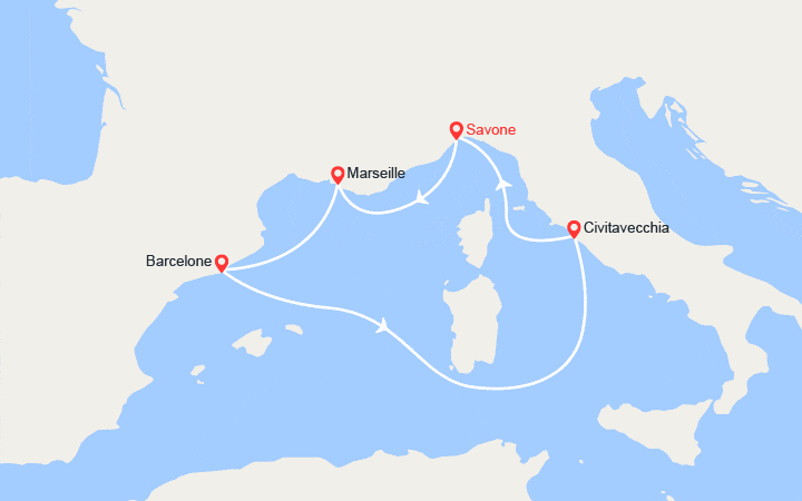 Carte itinéraire croisière Italie, France, Espagne