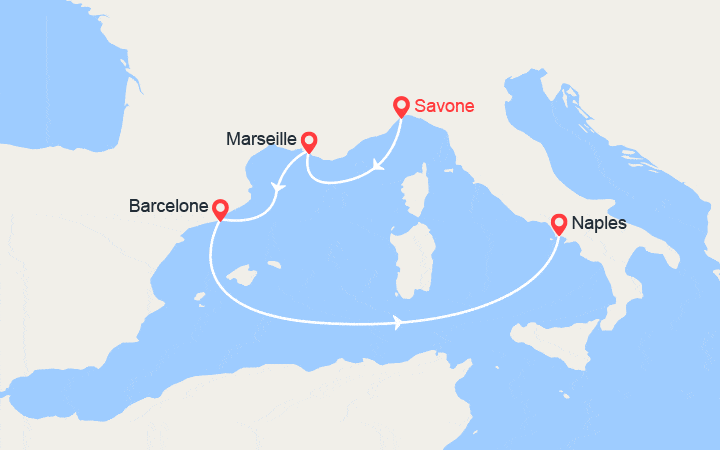 Carte itinéraire croisière Italie, France, Espagne