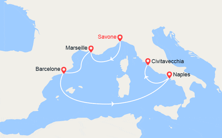 Carte itinéraire croisière Italie, France, Espagne