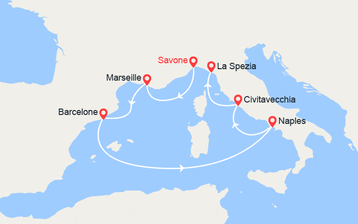 Carte itinéraire croisière Italie, France, Espagne