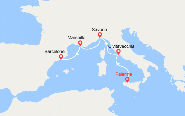 Carte itinéraire croisière Italie, France, Espagne : de Palerme à Barcelone