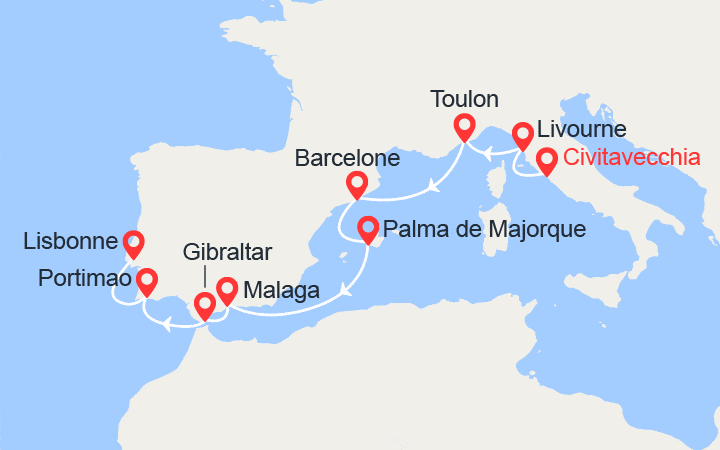 Carte itinéraire croisière Italie, France, Espagne, Royaume-Uni, Portugal